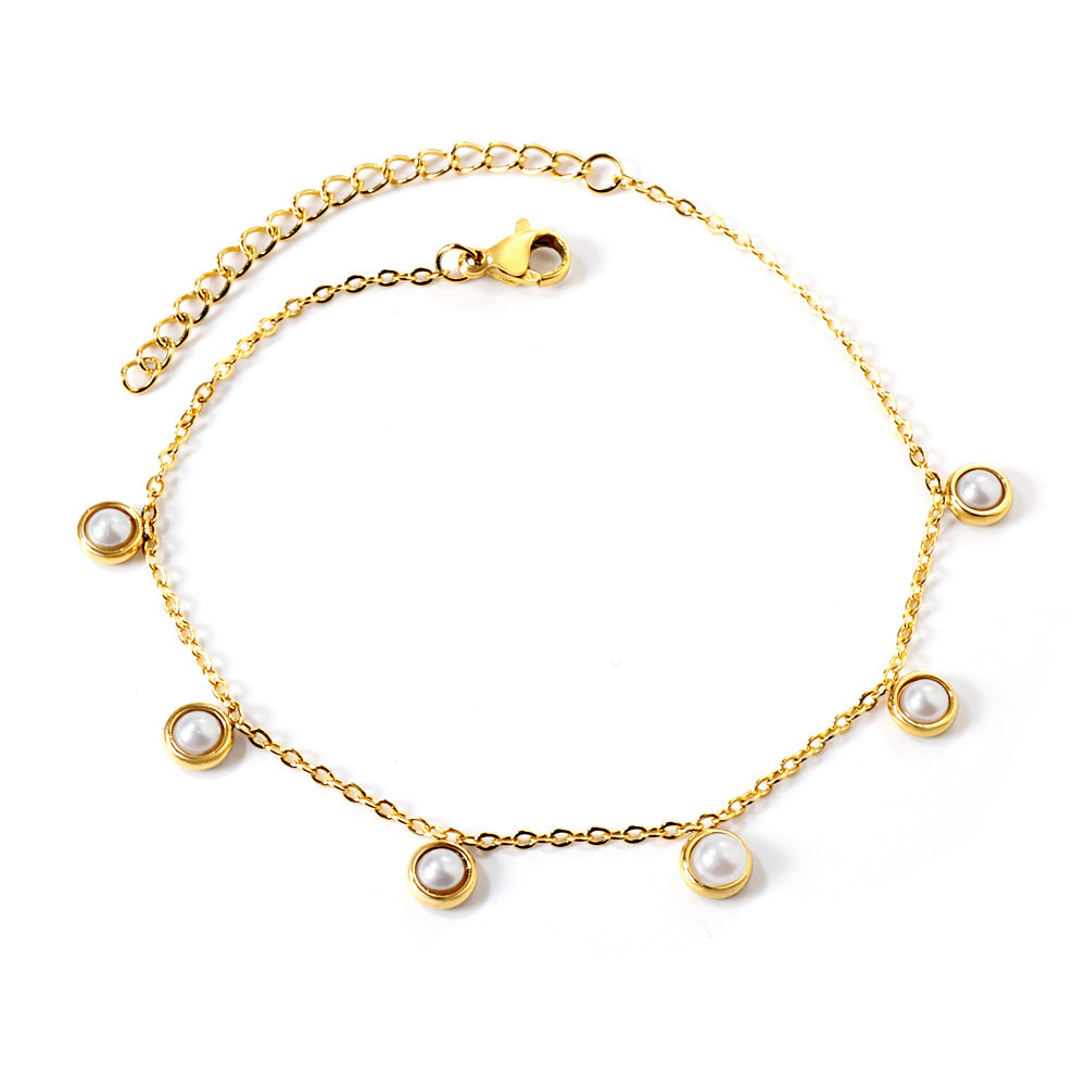 6 round white half pearls & blue turquoise anklet 20+5cm steel color gold color asonjewelry
